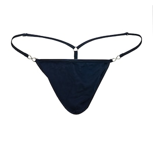 May include: Black thong underwear with thin straps and silver hardware.