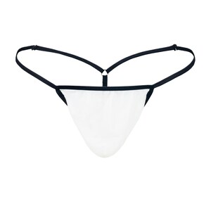 May include: White thong underwear with a black trim. The underwear has a thin strap design.