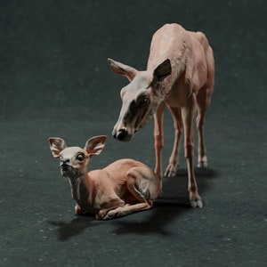 Red Deer Hind and Fawn - Designed by Animal Den Miniatures - 3D Printed - Miniature - Figurine - Sculpture - DIY Paint Your Own