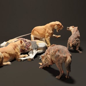 Lioness Vs Hyenas Diorama - Scene - 3D Printed -Designed by Animal Den Miniatures - Figurine - Sculpture - DIY Paint Your Own