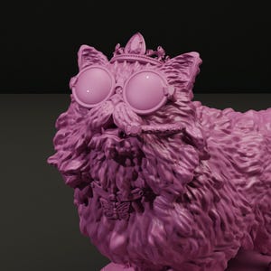 May include: A pink sculpture of a cat wearing large round glasses, a crown, and a necklace with a butterfly pendant. The cat has a fluffy appearance and a detailed mustache. The sculpture is set against a dark background.