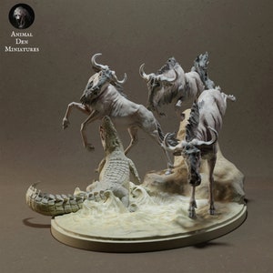 Wildebeest Crossing with Nile Crocodile - 3D Printed -Designed by Animal Den Miniatures - Figurine - Sculpture - DIY Paint Your Own