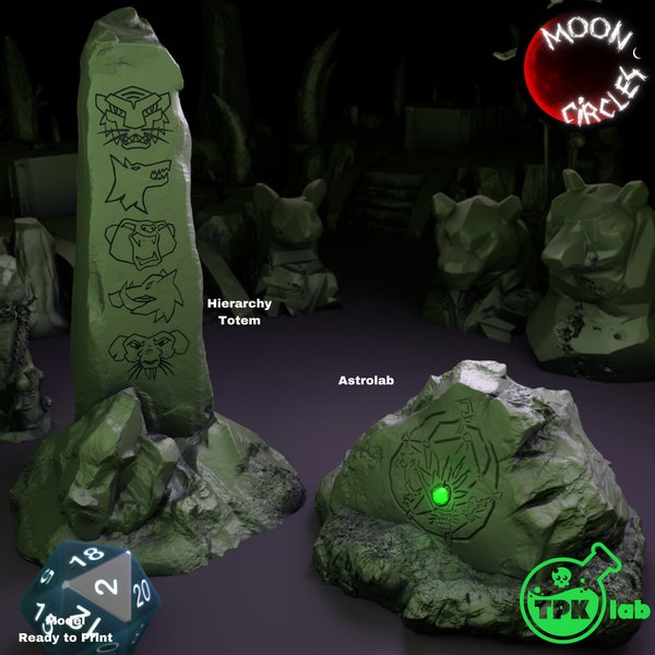 Lycanthropy Symbols - Hierarchy Totem and Astrolabe Stone - Moon Circles -  3D Printed Miniature designed by TPK Labs - Gaming - Tabletop