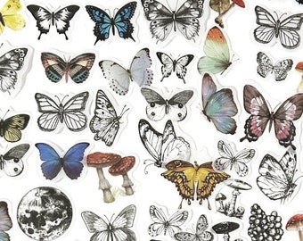 100 pegatinas washi de mariposas, paquete de pegatinas florales, diario basura, efímera, luna llena, naturaleza, mariposas, insectos, coloridas, alas