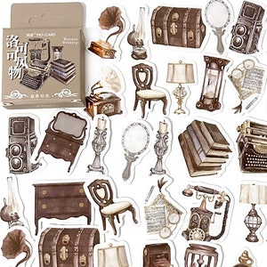 45 stickers déco rétro, livres vintage, scrapbooking, carnet, kit de journal indésirable, éphémères, machine à écrire, appareil photo, ventilateur, horloge