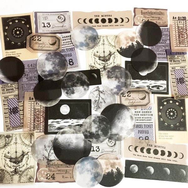 40 Pcs Celestial Washi Sticker, Moon Sticker Flakes, Travel Journal, journal, Full Moon, Moon Phase, Galaxy, Ticket, Retro, Vintage