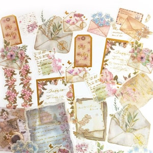 45 Pcs Cherry Blossoms Washi Sticker, Postal Airmail Gold Foil Sticker, Travel Journal, Ephemera, Flowers, Floral, Bloom, Envelope, Letters