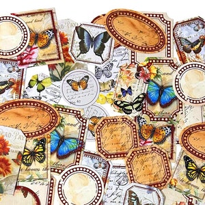 60 Stück Vintage Memo Aufkleber, Scrapbook Aufkleber, Junk Journal Kit, Ephemera, Label Tag, Schmetterling, Insekten, Blumen, Retro Schreibpapier
