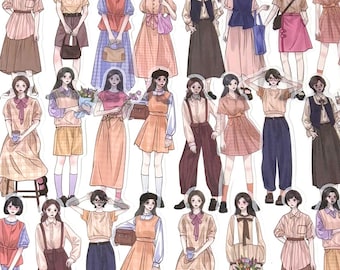 30 Pcs Girls Washi Sticker, Girl Sticker Pack, Mori Girl Stickers, Scrap booking, journal, Junk Journal Kit, Fashion, Street Style, Dress