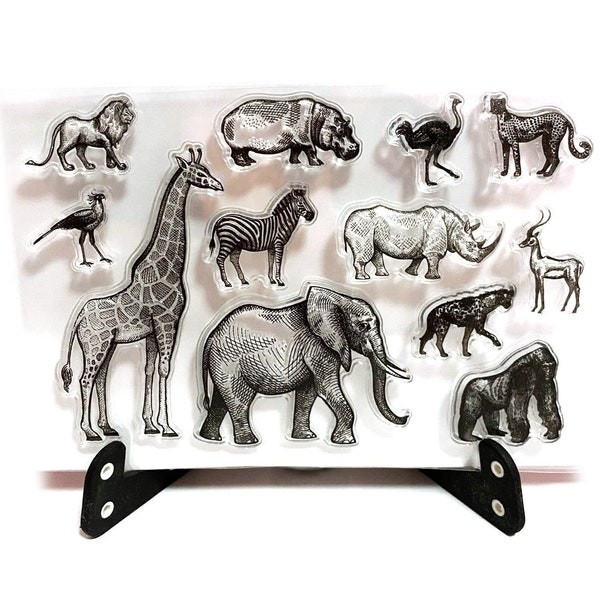Sello del reino animal, sello transparente transparente del zoológico, sello de animales dibujados a mano realista, diario del planificador, elefante, jirafa, rinoceronte, cebra