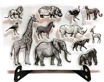 Animal Kingdom Stempel, Zoo Clear Transparent Stempel, realistische handgezeichnete Tiere Stempel, Planer Journal, Elefant, Giraffe, Nashorn, Zebra