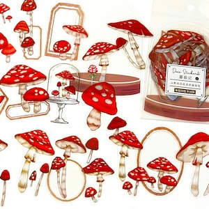 20 Stück rote Pilz große klare Aufkleber, Waldpilz PVC Aufkleber Flocken, Aufkleber, Scrapbook, Woodland, Gnom, Knopfpilz
