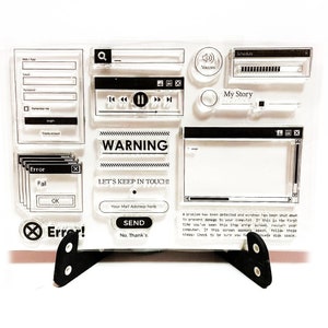 May include: A clear sheet of transparent stamps with black outlines of computer icons and text. The stamps include a warning sign, a web app login screen, a music player, a volume control, a schedule bar, a story window, and an error message. The text on the stamps includes "WARNING", "LET'S KEEP IN TOUCH!" and "SEND".