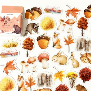 45 Stück Herbst Sticker, Herbst Sticker, Wald Sticker, Herbst Sticker, Eichel, Tannenzapfen, Blätter, Tiere, Tannenzapfen, Eichhörnchen