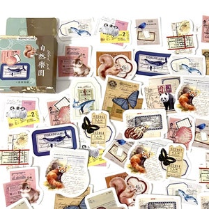 45 Stück Tiere Sticker Pack, Pflanzen Stempel, Kräuter, Scrapbook, Junk Journal Kit, Ephemera, Blätter Aufkleber, Natur, Tiere, Kaninchen