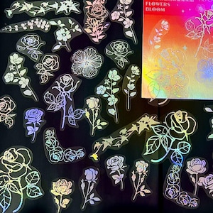 45 Stück Blumen Holographische Aufkleber, Floral glänzend, irisierende Aufkleber, Journal, Ephemera, Harz, Blumenblüte, Rosen, Blatt. Garten