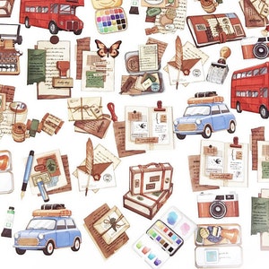 40 Stück klare Aufkleber, Junk Journal Kit, Journal, Journal Ephemera, Schreibmaschine, Briefe, Federstift Quill, Bus, Farbpalette