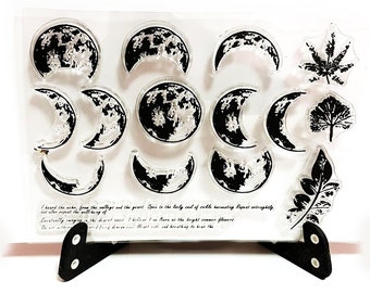 Moon Phases Clear Stamp, Timbre en caoutchouc d'astrologie, Journal de planificateur, Éclipse de lune, Pleine lune, Croissant de lune, Décroissance, Texte