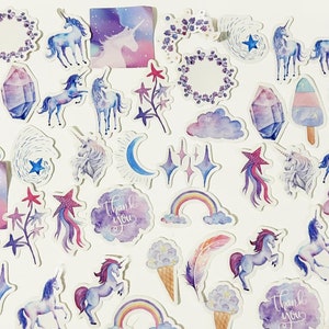 45 Stück Einhorn-Aufkleber, Magical Sparkles-Aufkleber, Aquarell, Scrapbook, Journal Ephemera, journal, Sterne, Regenbogen, Federn