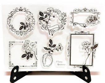 Ornamental Frame Stamp, Vintage Clear Transparent Stamp, Rubber Stamp, Planner Journal Accessories, Retro Stamp, Flowers, Vase, Leaves