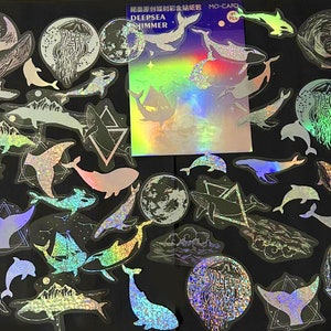 45 Stück Marine Life Holographische Aufkleber, Wale glänzend, irisierend, Junk Journal, journal, Resin Art, Wal, Qualle, Meer,Ozean,Wellen