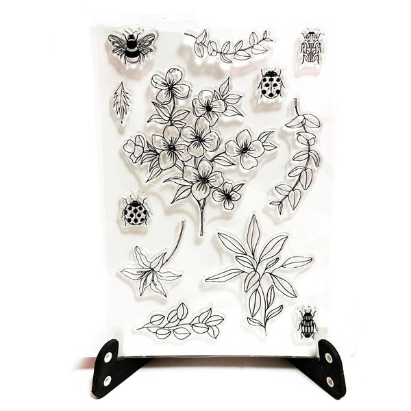 Flowers Stamp, Floral Clear Transparent Stamp, Leaves Botanicals Rubber Stamp, Planner, journal, Flower Bunch, Beetle, Bee, Insects