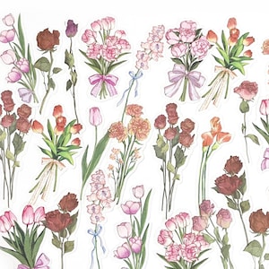 30 stickers transparents fleurs rouges, sticker PVC floral, scrapbooking, stickers flore et faune, plantes médicinales, feuilles, feuilles, roses, tulipes, oeillets