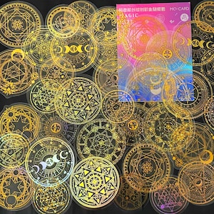 45 Stück Astrologie Gold Holographische Aufkleber, Horoskop glänzend, schillernde himmlische Aufkleber, Junk Journal Kit, journal, Mond, Sonne, Kreis
