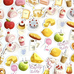 50 Stück Ästhetische Aufkleber, 3D-Effekt Aufkleber Set, Obst, Scrapbook, Junk Journal, Brot, Apfel, Kuchen, Süßigkeiten