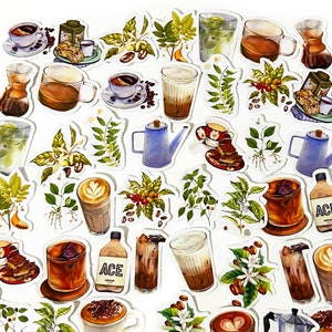 45 Stück Kaffee Sticker Pack, Kaffeebohne Aufkleber, Retro Vintage Kaffee, Junk Journal Kit, Sammelalbum, Terminplaner Aufkleber, Kaffeetasse, Latte