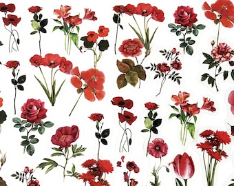 Op de afbeelding: Een verzameling rode bloemenillustraties, waaronder rozen, tulpen en papavers. De illustraties zijn perfect voor scrapbooking, kaartmaken of andere knutselprojecten.