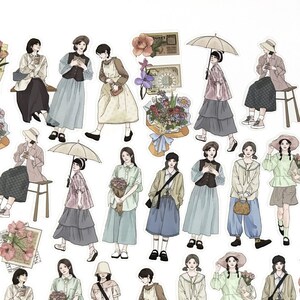 30 Stück Mädchen Klar Aufkleber, PVC Sticker Pack, Scrapbook, journal, Junk Journal, Floral, Rosen, Blumen, Mode, Outfit, Mädchen, Regenschirm