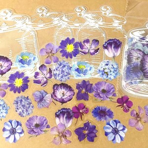 Lot de 35 autocollants transparents fleurs, autocollants de scrapbooking, kit de journal indésirable, journal éphémères, journal, floral, fleurs sauvages, pot
