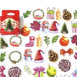 45 Stück Weihnachts-Aufkleber, Weihnachtskranz-Aufkleber, Scrap-Buchung, Journal, Ephemera, Weihnachtsbaum, Band, Schneemann, Geschenk, Strümpfe