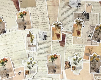 50 Pcs Vintage Papers, Junk Journal Kit, Memo Deco Paper, Journal Ephemera, Retro, Text, Manuscript, Flowers, Botanicals, Letters, Postcard