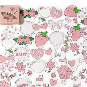 45 Stück Erdbeer-Aufkleber, Obst-Rosa-Aufkleber-Pack, rosa Aufkleber, Scrapbook, Journal, Liebe, glücklich, Band, Kirsche. Blume, Ästhetik