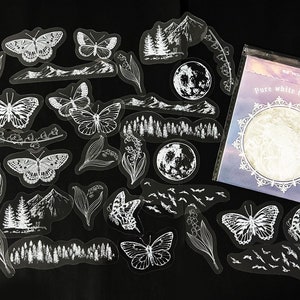 30 Stück Natur Klar Aufkleber, Scrapbook, journal, Junk Journal Kit, Ephemera, Schmetterling, Berge, Blumen, Vögel, Wald, Mond