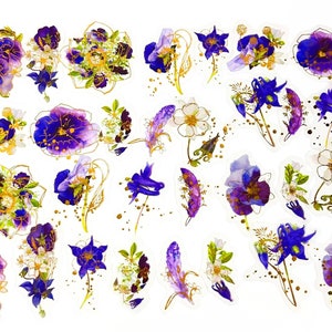 30 Stück lila Blumen Goldfolie klar Aufkleber, Blumen klar Aufkleber, Scrapbooking, journal, Junk Journal Kit, violett, Blätter