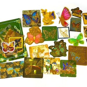 40 Stück Schmetterling Goldfolie Aufkleber, glänzend, Washi Aufkleber, Junk Journal Kit, journal, Insekten, Text, Schriften, Schmetterlinge, Garten, Probe