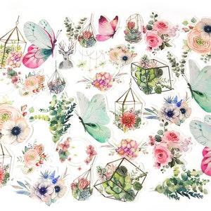 60 Stück Pastell Blumen Große Washi Aufkleber, Kaktus Aufkleber Flocken, Reisejournal, Natursammlung, Garten, Sukkulenten, Terrarium, Schmetterling