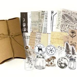 30 Stück Papier, Junk Journal Kit, Ephemera, Kraft Papier, Probe, Mondphase, Vollmond, Berge, schwarz weiß, Filmstreifen, Baum