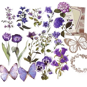 20 Stück lila Blumen Junk Journal Kit, Floral Sticker Pack, Pergament, Memo Papier, Ephemera, Schmetterling, Garten, Natur, Kranz, Botanicals