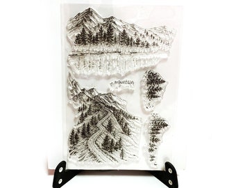 Mountains Stamp, Forest Clear Transparent Stamp, Tree Silhouette Rubber Stamp,Planner journal, Hills, Mountain, Pine Trees, Woodland