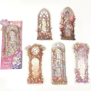 10 Stück holographische Aufkleber und DIY Lesezeichen, Blumen glänzend, irisierende Aufkleber, Ephemera, Blumenblüte, Garten, Journal Aufkleber, Rosen