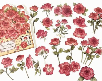 Op de afbeelding: Een vel met decoratieve rozen stickers met een vintage envelop ontwerp. De stickers tonen rode rozen met groene bladeren en stelen. De envelop heeft de tekst "Deco Stickers" en "$ 1,50 h van 8 cent".