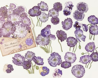 20 pegatinas transparentes de flores moradas, ideales para álbumes de recortes, diarios y decoración floral. Diseños inspirados en jardín, naturaleza, flores, pétalos y ramos de flores.