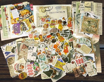 May include: A collection of vintage paper ephemera, including postcards, magazine clippings, and decorative paper scraps. The papers feature a variety of colors and designs, including floral patterns, geometric shapes, and illustrations. The papers are perfect for scrapbooking, card making, and other craft projects.