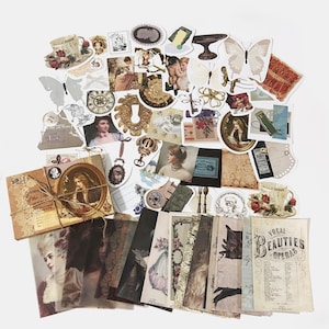 60 Stück Retro Deko Artikel Junk Journal Kit, Klassische Ornamental Sticker, Pergament, Memo Papier, Ephemera, Vintage Tasse, Schlüssel, Uhr, Schmetterling