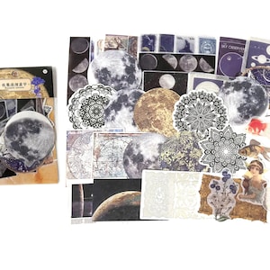 60 Pcs Galaxy Junk Journal Kit, Celestial Sticker Pack, Vellum, Memo Paper, Ephemera, Vintage, Space, Moon, Moon Phase, Astrology, Astronomy