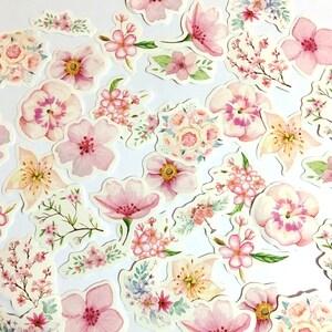 45 Stück Kirschblüten Aquarell Aufkleber, Scrapbook, Junk Journal Kit, Journal Ephemera, Blätter, rosa Blumen, Frühling, Blüten, Zweig